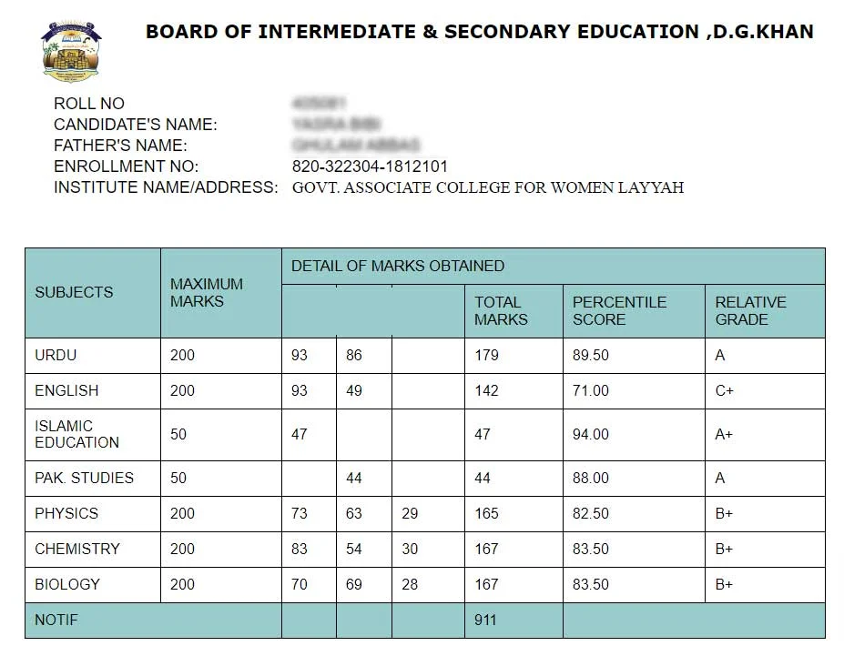 Bise DG Khan 11th Class Result 2025 1st Year Result