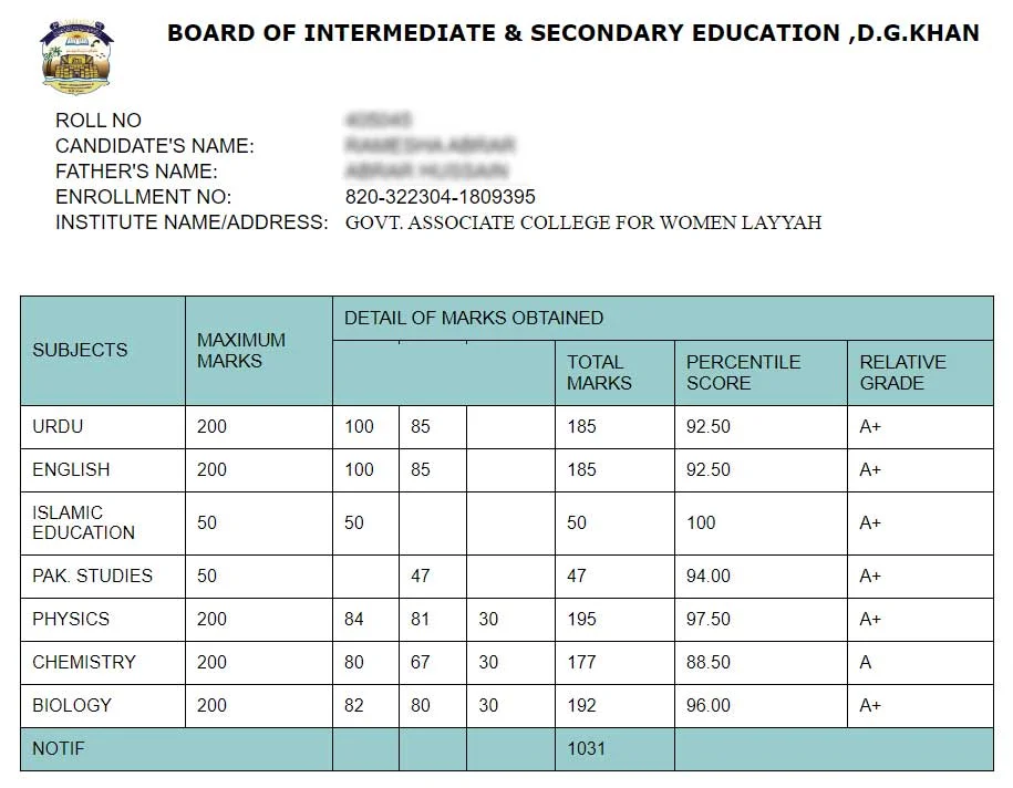 Bise DG Khan 11th Class Result 2024 1st Year Result