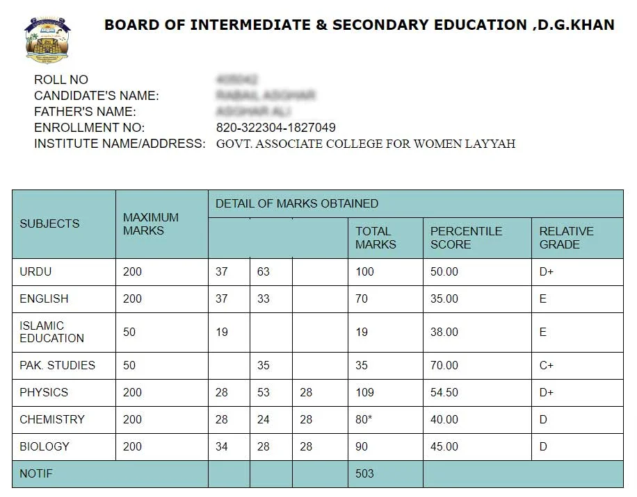 Bise DG Khan 11th Class Result 2023 1st Year Result