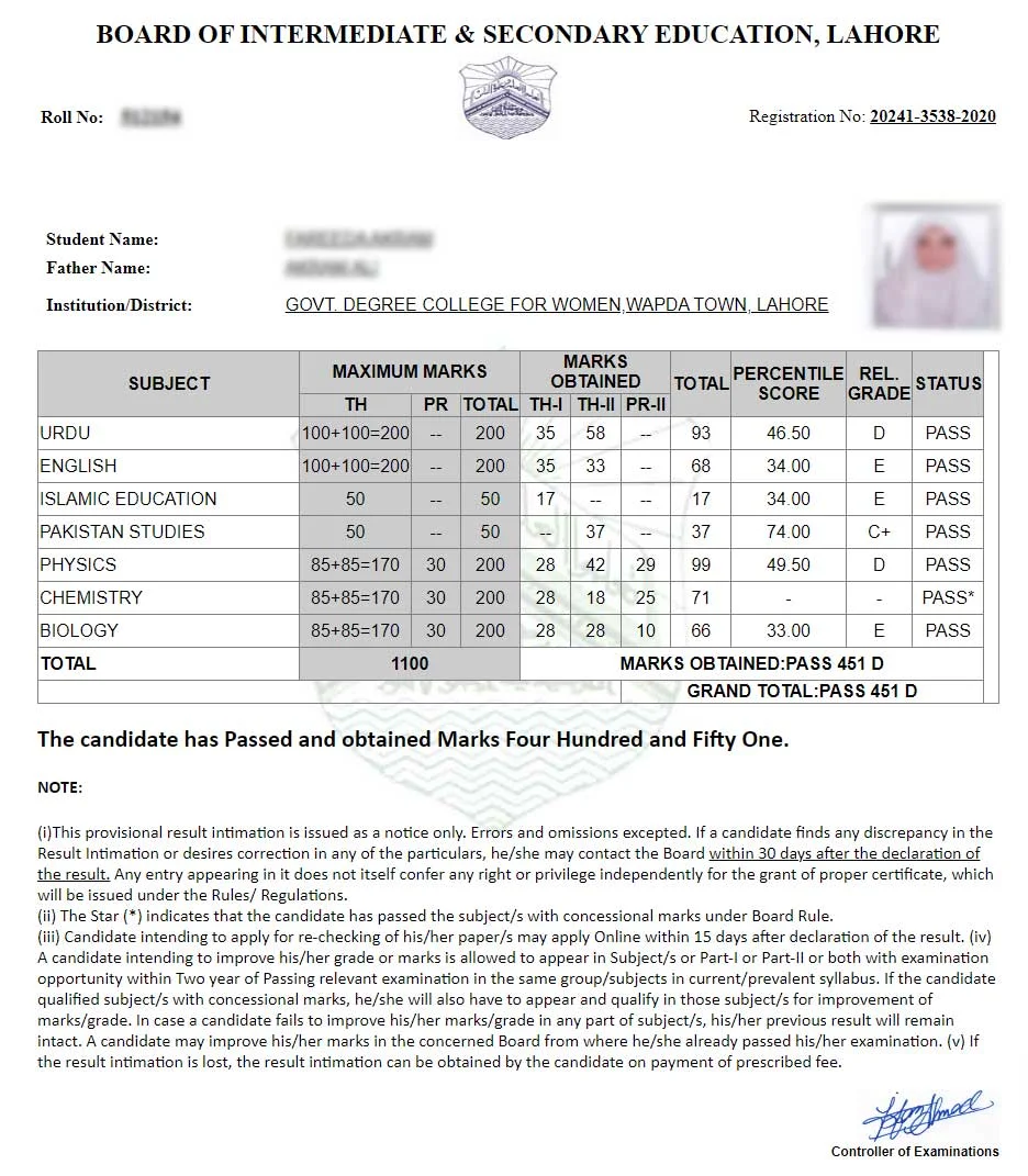 11th Class Result 1st Year Result 2024 Lahore Board