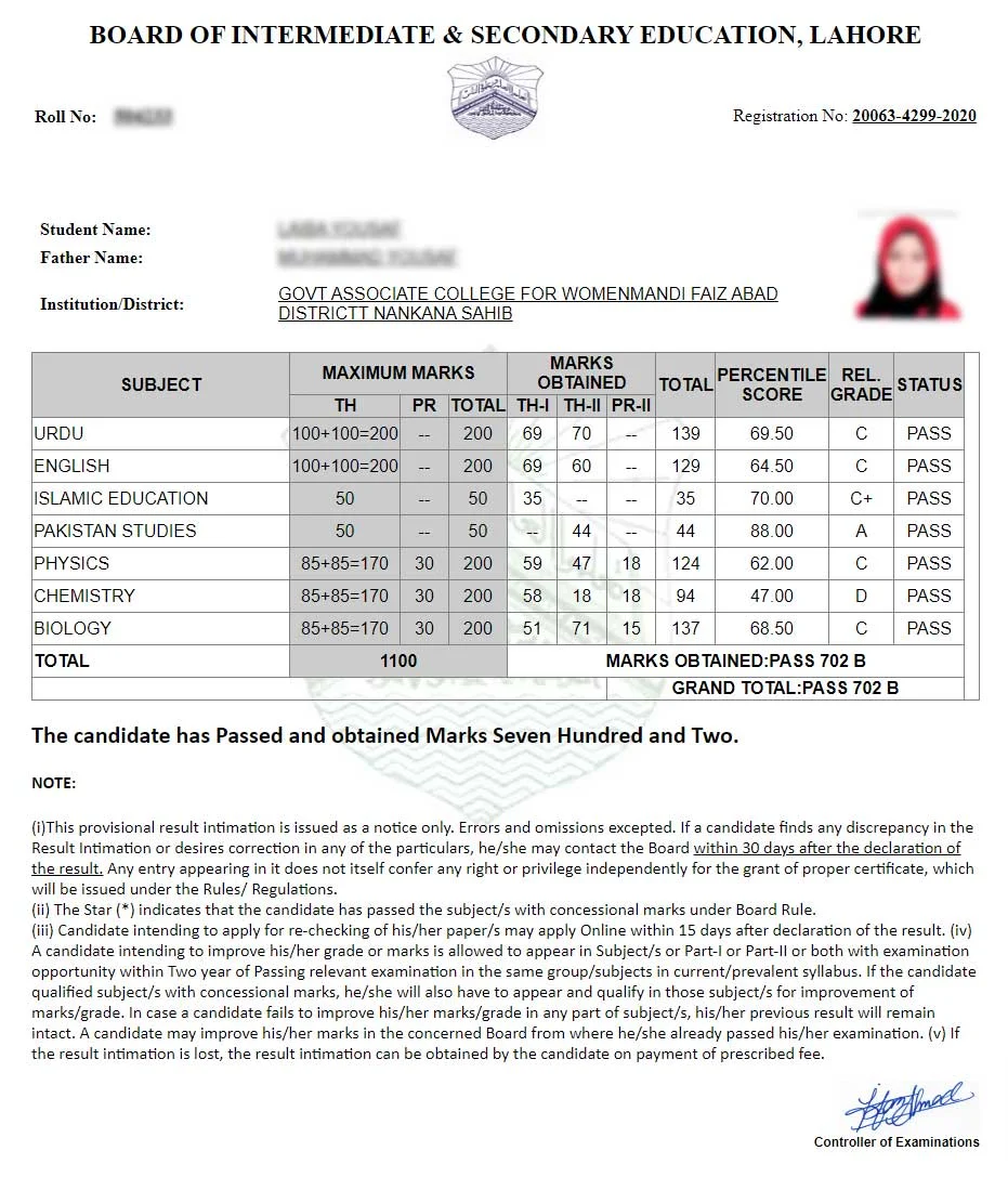 Bise Lahore Result 1st Year 2024 Nita