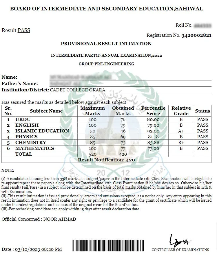 11th Class 1st Year Result 2023 Sahiwal Board